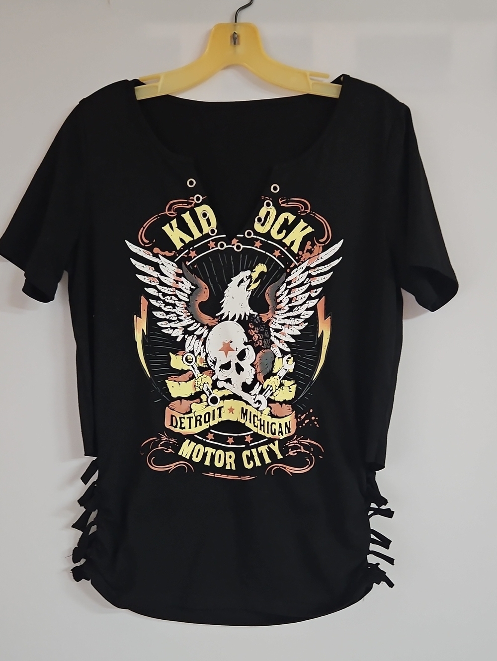 "Kid Rock" and "Detroit Michigan Motor City" lettering, styled Ladies T-shirt